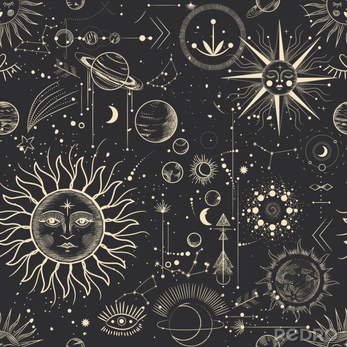 Papier peint  Vector illustration set of moon phases. Different stages of moonlight activity in vintage engraving style. Zodiac Signs