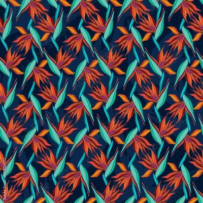 Papier peint  Vector illustration with flowers Strelitzia. Seamless pattern with tropical flowers and leaves in bright colors. The design is suitable for clothes, wallpaper, background.