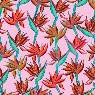 Papier peint  Vector illustration with flowers Strelitzia. Seamless pattern with tropical flowers and leaves in bright colors. The design is suitable for clothes, wallpaper, background.