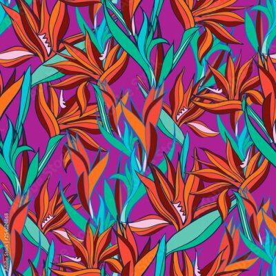 Papier peint  Vector illustration with flowers Strelitzia. Seamless pattern with tropical flowers and leaves in bright colors. The design is suitable for clothes, wallpaper, background.