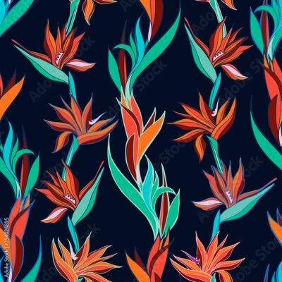 Papier peint  Vector illustration with flowers Strelitzia. Seamless pattern with tropical flowers and leaves in bright colors. The design is suitable for clothes, wallpaper, background.