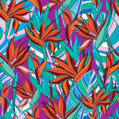 Papier peint  Vector illustration with flowers Strelitzia. Seamless pattern with tropical flowers and leaves in bright colors. The design is suitable for clothes, wallpaper, background.