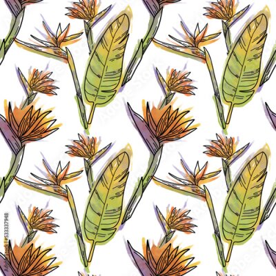Papier peint  Vector illustration with outlines for decoration, design, wrapping paper, etc. Digital pattern with tropical flowers. Seamless background with flowers and leaves of strelitzia.