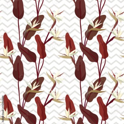 Papier peint  Vector illustration with Strelitzia flowers seamless pattern and geometric pattern retro. Tropical jungle and bird of paradise with a zigzag in the background. For fabric or wallpaper.