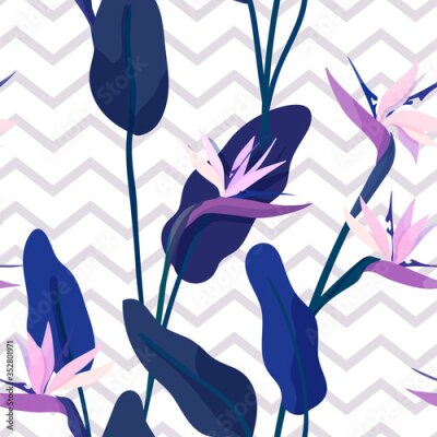 Papier peint  Vector illustration with Strelitzia flowers seamless pattern and geometric pattern zigzag in blue. Tropical jungle and bird of paradise with a zigzag in the background. For fabric or wallpaper.