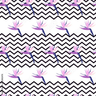 Papier peint  Vector illustration with Strelitzia flowers seamless pattern and geometric pattern zigzag. Tropical jungle and bird of paradise with a zigzag in the background. For fabric or wallpaper.