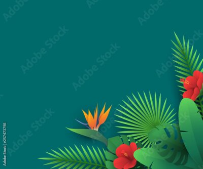 Papier peint  Vector illustration with tropical leaves and flowers in paper cut style (hibiscus, strelitzia, palm, banana, monstera, borassus) on green background. Origami exotic floral decor for travel design.