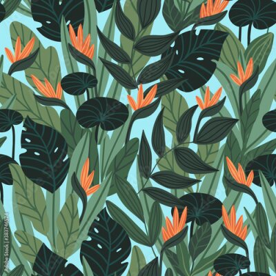 Papier peint  Vector natural beautiful seamless pattern. Tropical flowers and leaves. Repeat background design with strelitzia and monstera.