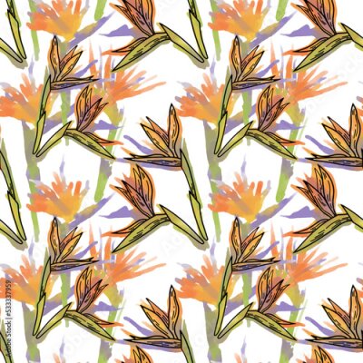 Papier peint  Vector pattern with strelitzia flowers and leaves. Seamless digital background with tropical flowers.  Digital illustration for decor, design, wrapping paper, etc.