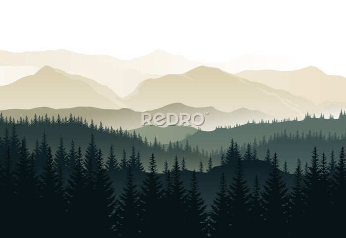 Papier peint  Vector paysage beau matin avec les forêts vertes brumeuses et les montagnes