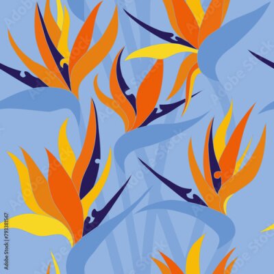 Papier peint  Vector seamless floral pattern with herbaceous plant of strelitzia. Watercolor illustration of plant of bird-of-paradis. For fabric, textile, wrapping paper, cover, package. Flowers and tropical leave