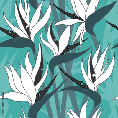 Papier peint  Vector seamless floral pattern with herbaceous plant of strelitzia. Watercolor illustration of plant of bird-of-paradis. For fabric, textile, wrapping paper, cover, package. Flowers and tropical leave