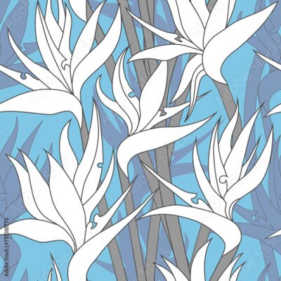 Papier peint  Vector seamless floral pattern with herbaceous plant of strelitzia. Watercolor illustration of plant of bird-of-paradis. For fabric, textile, wrapping paper, cover, package. Flowers and tropical leave
