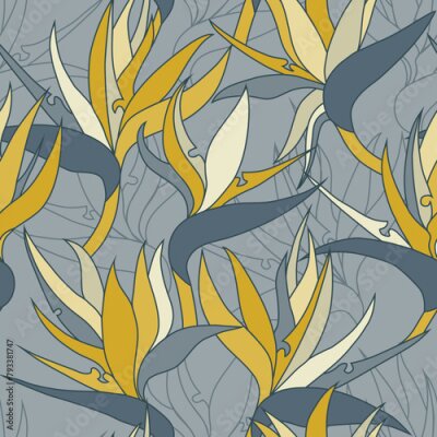 Papier peint  Vector seamless floral pattern with herbaceous plant of strelitzia. Watercolor illustration of plant of bird-of-paradis. For fabric, textile, wrapping paper, cover, package. Flowers and tropical leave
