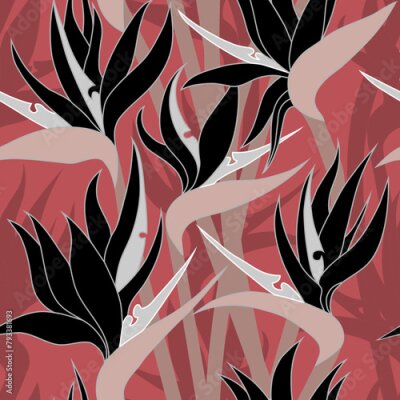 Papier peint  Vector seamless floral pattern with herbaceous plant of strelitzia. Watercolor illustration of plant of bird-of-paradis. For fabric, textile, wrapping paper, cover, package. Flowers and tropical leave