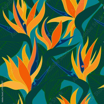 Papier peint  Vector seamless floral pattern with herbaceous plant of strelitzia. Watercolor illustration of plant of bird-of-paradis. For fabric, textile, wrapping paper, cover, package. Flowers and tropical leave