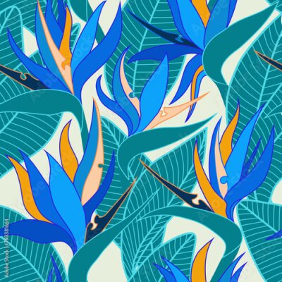 Papier peint  Vector seamless floral pattern with herbaceous plant of strelitzia. Watercolor illustration of plant of bird-of-paradis. For fabric, textile, wrapping paper, cover, package. Flowers and tropical leave