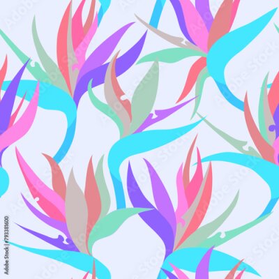 Papier peint  Vector seamless floral pattern with herbaceous plant of strelitzia. Watercolor illustration of plant of bird-of-paradis. For fabric, textile, wrapping paper, cover, package. Flowers and tropical leave