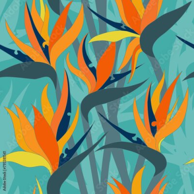Papier peint  Vector seamless floral pattern with herbaceous plant of strelitzia. Watercolor illustration of plant of bird-of-paradis. For fabric, textile, wrapping paper, cover, package. Flowers and tropical leave