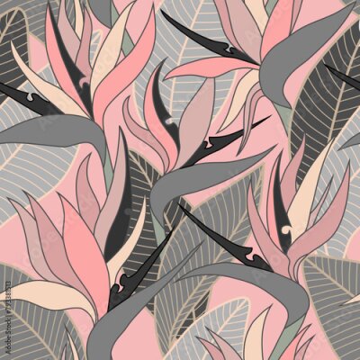 Papier peint  Vector seamless floral pattern with herbaceous plant of strelitzia. Watercolor illustration of plant of bird-of-paradis. For fabric, textile, wrapping paper, cover, package. Flowers and tropical leave