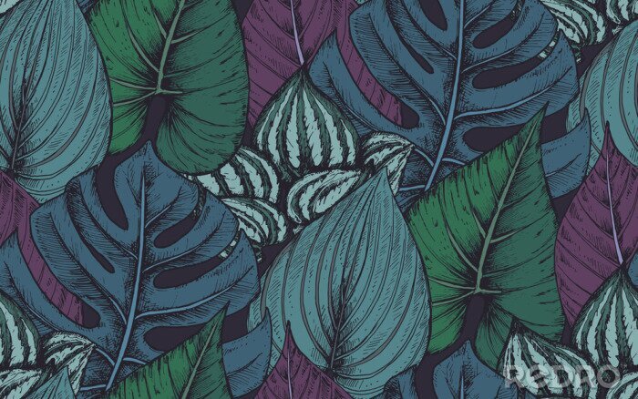 Papier peint  Vector seamless pattern avec des compositions de plantes tropicales dessinées à la main
