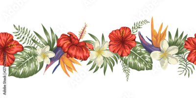 Papier peint  Vector seamless pattern brush of green tropical leaves with plumeria, strelitzia and hibiscus flowers on white background. Summer or spring tropical border. Exotic jungle ornament..