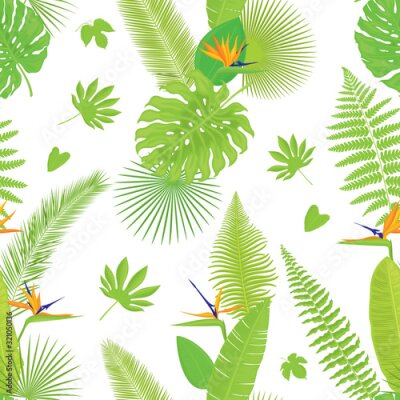 Papier peint  Vector seamless pattern of colorful, realistic, tropical leaves and bird of paradise flowers (strelitzia), on white background.