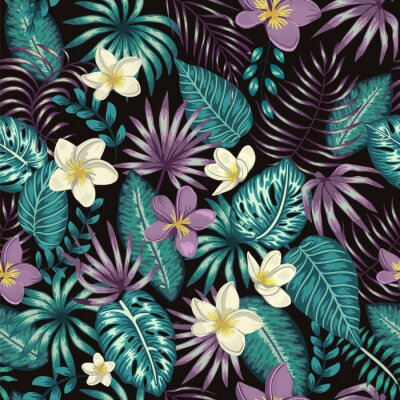 Papier peint  Vector seamless pattern of emerald green tropical leaves with white and purple plumeria flowers on black background. Summer or spring repeat tropical backdrop. Exotic jungle ornament..