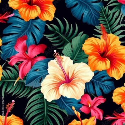 Papier peint  Vector seamless pattern of green tropical leaves with plumeria, strelitzia and hibiscus flowers on black background. Summer or spring repeat tropical backdrop. Exotic jungle ornament