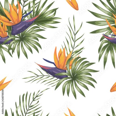 Papier peint  Vector seamless pattern of green tropical leaves with strelitzia flowers isolated on white background. Summer or spring repeat tropical backdrop. Trendy exotic jungle ornament.