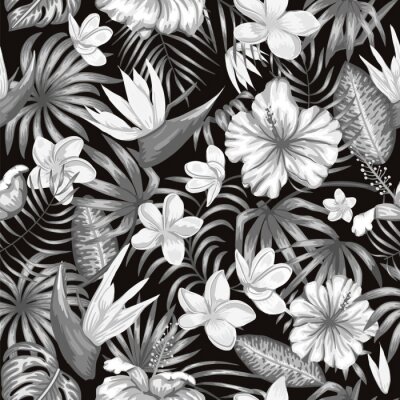 Papier peint  Vector seamless pattern of monochrome tropical leaves with plumeria, strelitzia and hibiscus flowers on black background. Summer or spring repeat vintage tropical backdrop. Exotic jungle ornament