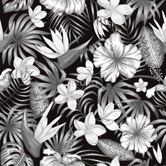 Papier peint  Vector seamless pattern of monochrome tropical leaves with plumeria, strelitzia and hibiscus flowers on black background. Summer or spring repeat vintage tropical backdrop. Exotic jungle ornament