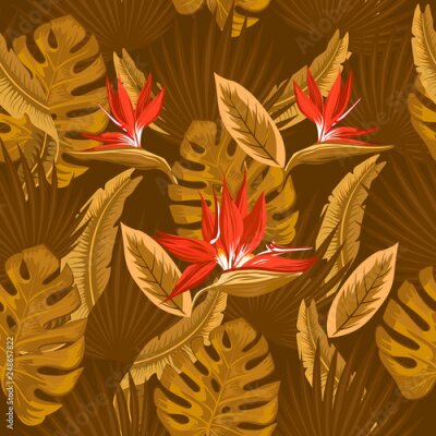 Papier peint  Vector  seamless pattern of tropical beige and  brown palm leaves, monstera  leaves  and  red  flowers of the bird of paradise (Strelitzia) plumeria on a brown  background. Wallpaper trend design.
