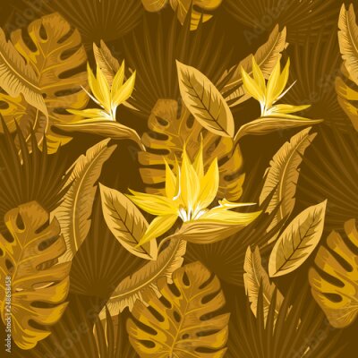 Papier peint  Vector  seamless pattern of tropical beige and  brown palm leaves, monstera  leaves  and yellow flowers of the bird of paradise (Strelitzia) plumeria on a brown  background. Wallpaper trend design.