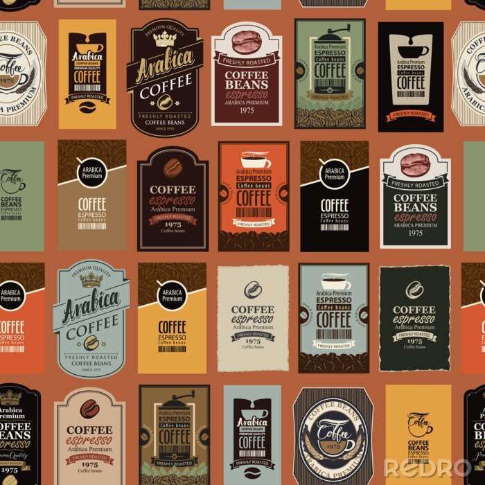 Papier peint  Vector seamless pattern on coffee and coffee house theme with various labels in retro style. Can be used as wallpaper or wrapping paper