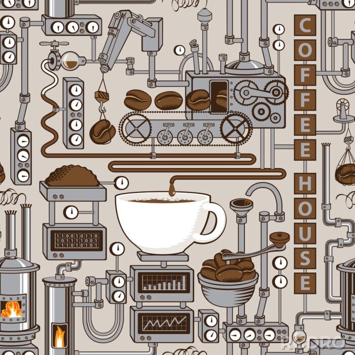 Papier peint  Vector seamless pattern on coffee theme with a cup of freshly brewed coffee, plant with conveyor coffee production in retro style and with words Coffee house.