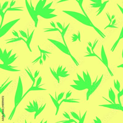 Papier peint  Vector seamless pattern. Seamless strelitzia flower pattern. Green tropical flowers isolated on yellow background. Strelitzia, bird of paradise, crane lily. Design for fashion textile, wallpapers.