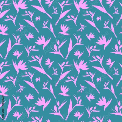 Papier peint  Vector seamless pattern. Seamless strelitzia flower pattern. Pink tropical flowers isolated on virid background. Strelitzia, bird of paradise, crane lily. Design for fashion textile, wallpapers.