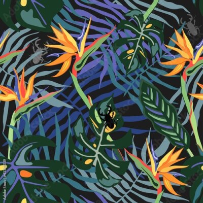 Papier peint  Vector seamless pattern tropical night. Tropical flower strelitzia, monstera leaves on a dark background. Night tropical paradise. Floral botanical pattern for printing on textiles, packaging, paper.