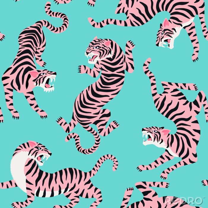 Papier peint  Vector seamless pattern with cute tigers on background. Circus animal show. Fashionable fabric design.