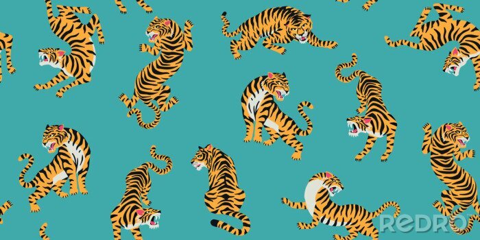 Papier peint  Vector seamless pattern with cute tigers on background. Fashionable fabric design.