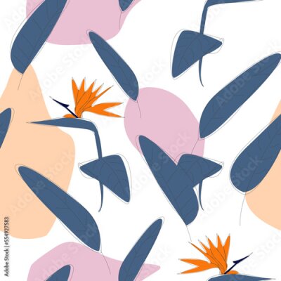 Papier peint  Vector seamless pattern with floral design. Strelitzia on a white background with geometric shapes