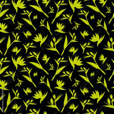 Papier peint  Vector seamless strelitzia pattern. Strelitzia, crane lily, bird of paradise, tropical flower in golden color isolated on black background. Design for textile, fashion, decoration.