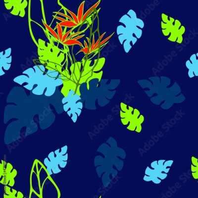Papier peint  Vector seamless tropical background. Banana leaves,
royal strelitzia. Bright exotic flowers and leaves on a dark blue background. Background for wrapping paper, textile.