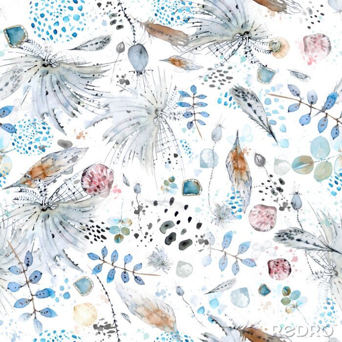 Papier peint  Vector seamless watercolor and ink abstract pattern of boho elements, feathers, shells, palm twigs, plants, spots and splashes.