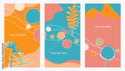 Papier peint  Vector set of creative templates with place for text. Organic shapes: flowers strelitzia, dandelion, branch with leaves. Modern contemporary design for prints, banners, brochures, social media post.