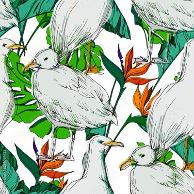 Papier peint  Vector Sky bird seagull in a wildlife isolated. Black and white engraved ink art. Seamless background pattern.