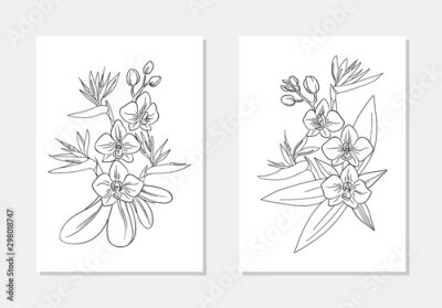 Papier peint  vector strelitzia orhids exotic flower palm leaf coloring book  bouquet composition outline illustration