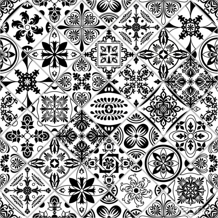 Papier peint  Vector tile pattern, Lisbon floral mosaic, Mediterranean black and white ornament