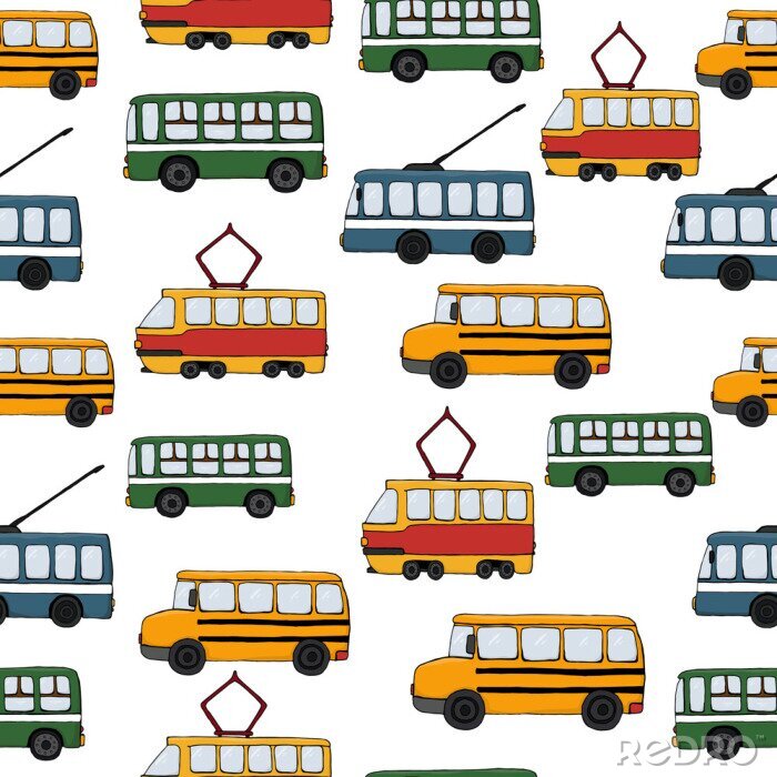 Papier peint  Vector transportation seamless pattern.Children repeating background with bus, tram, school bus, trolleybus. Endless backdrop for kids with public transport